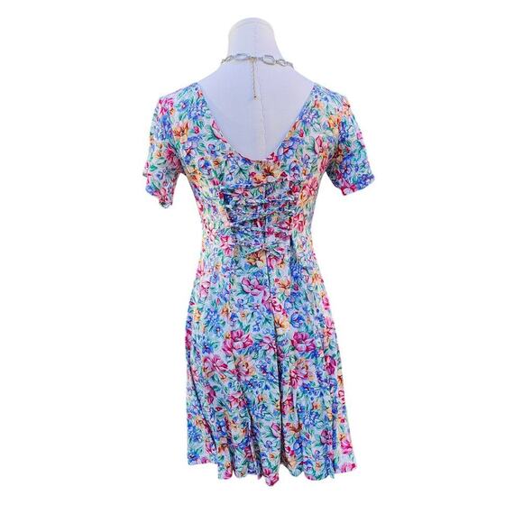 Colorful Floral Midi Lace Up Flowy Rayon Summer Ditsy Vacation Skater Dress Sz S - Picture 3 of 8